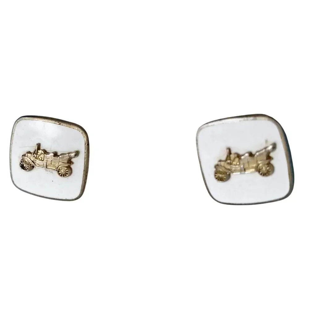 1950s Roadster White Enamel Cufflinks Faux Gold Metal Formal Wear Set of Two